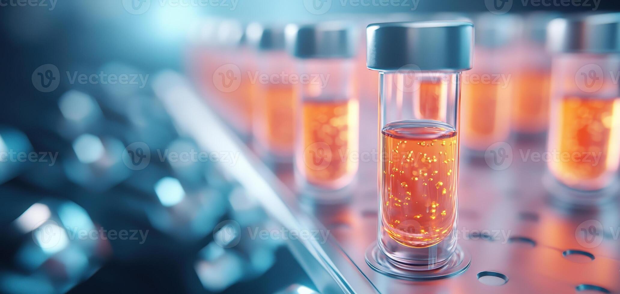 row of test tubes filled with vibrant orange liquids, showcasing futuristic laboratory setting. glowing colors create intriguing atmosphere of scientific exploration photo