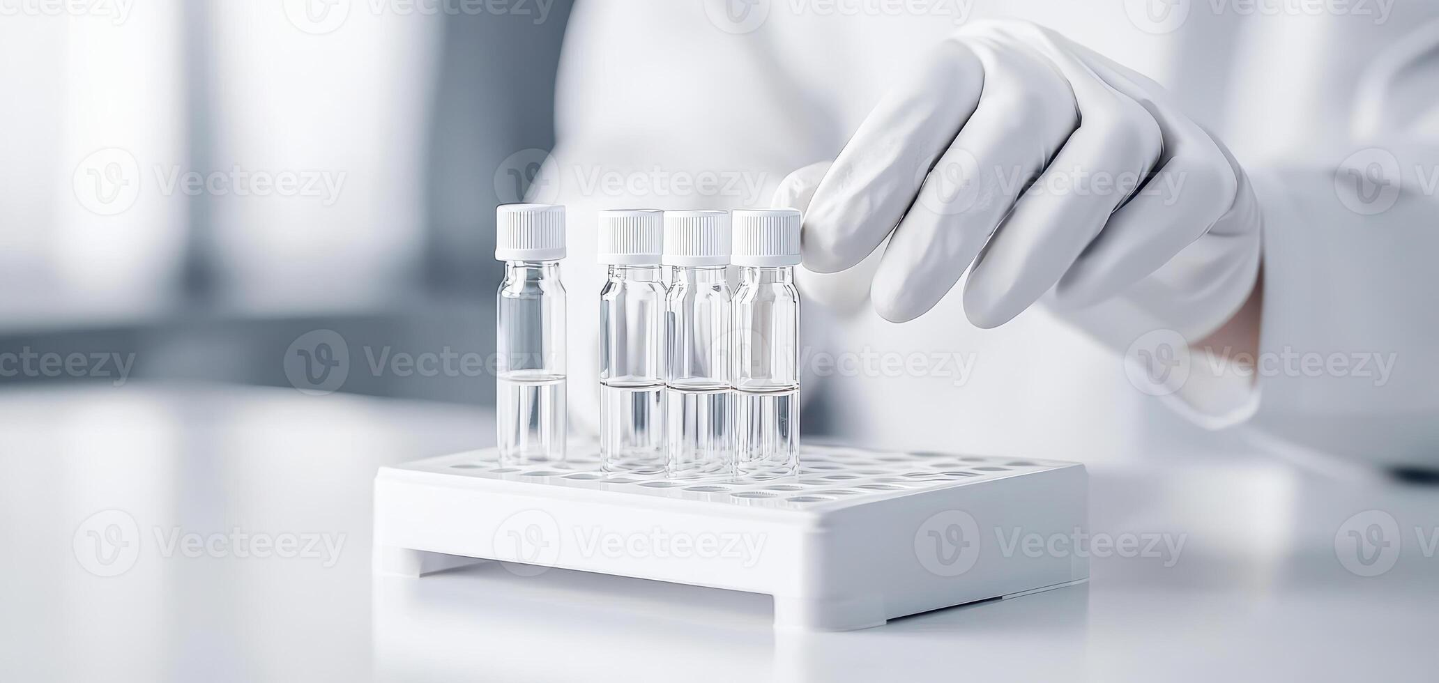 Laboratory hand placing test tubes in rack, showcasing high tech drug development. scene reflects precision and innovation in scientific research photo