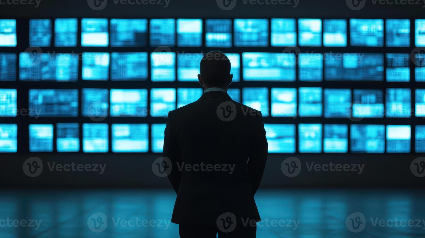 Security officer monitoring multiple screens in dark room, focused on data analysis and surveillance. blue light creates high tech atmosphere photo