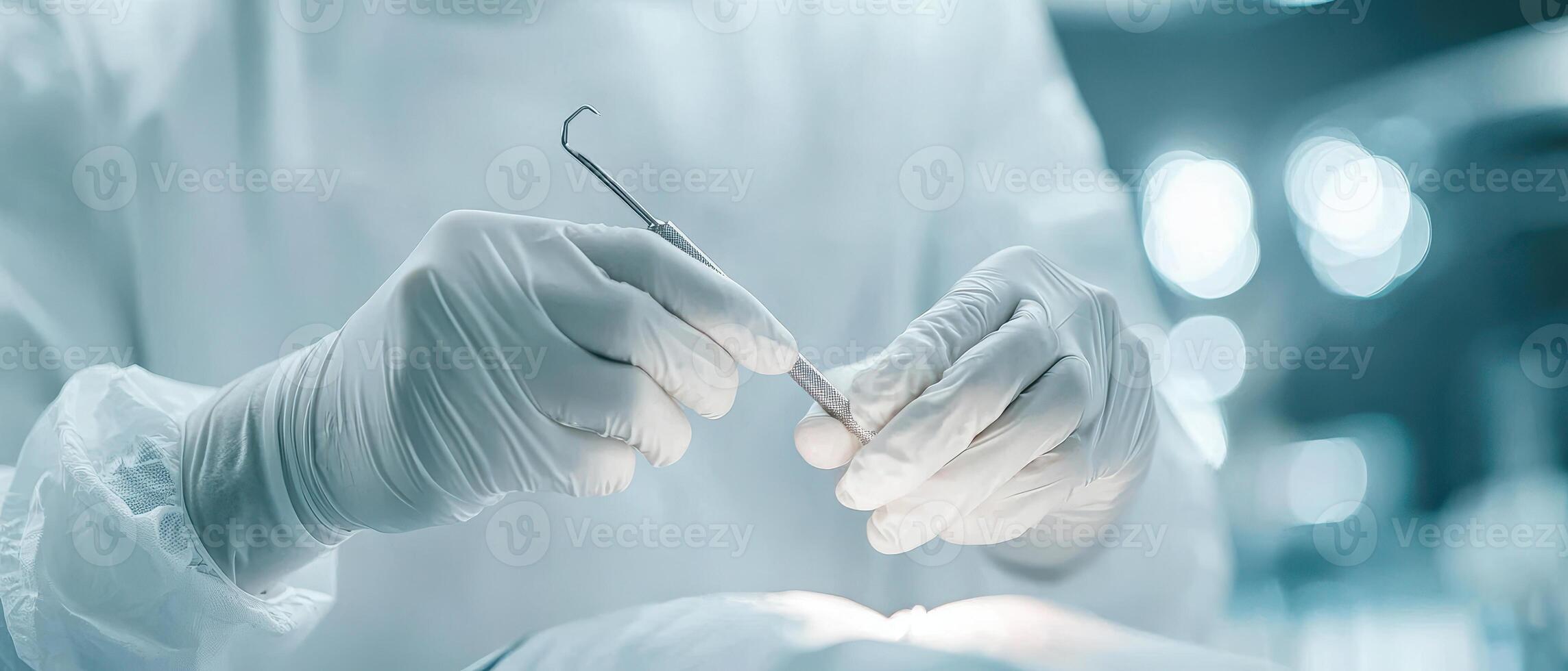 Close up of dentist gloved hands adjusting dental tools for patient care, showcasing precision and professionalism in clinical environment photo