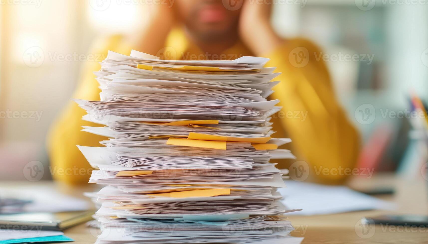 stack of unpaid invoices on cluttered desk, causing stress and frustration. disorganized paperwork reflects overwhelming nature of financial responsibilities photo