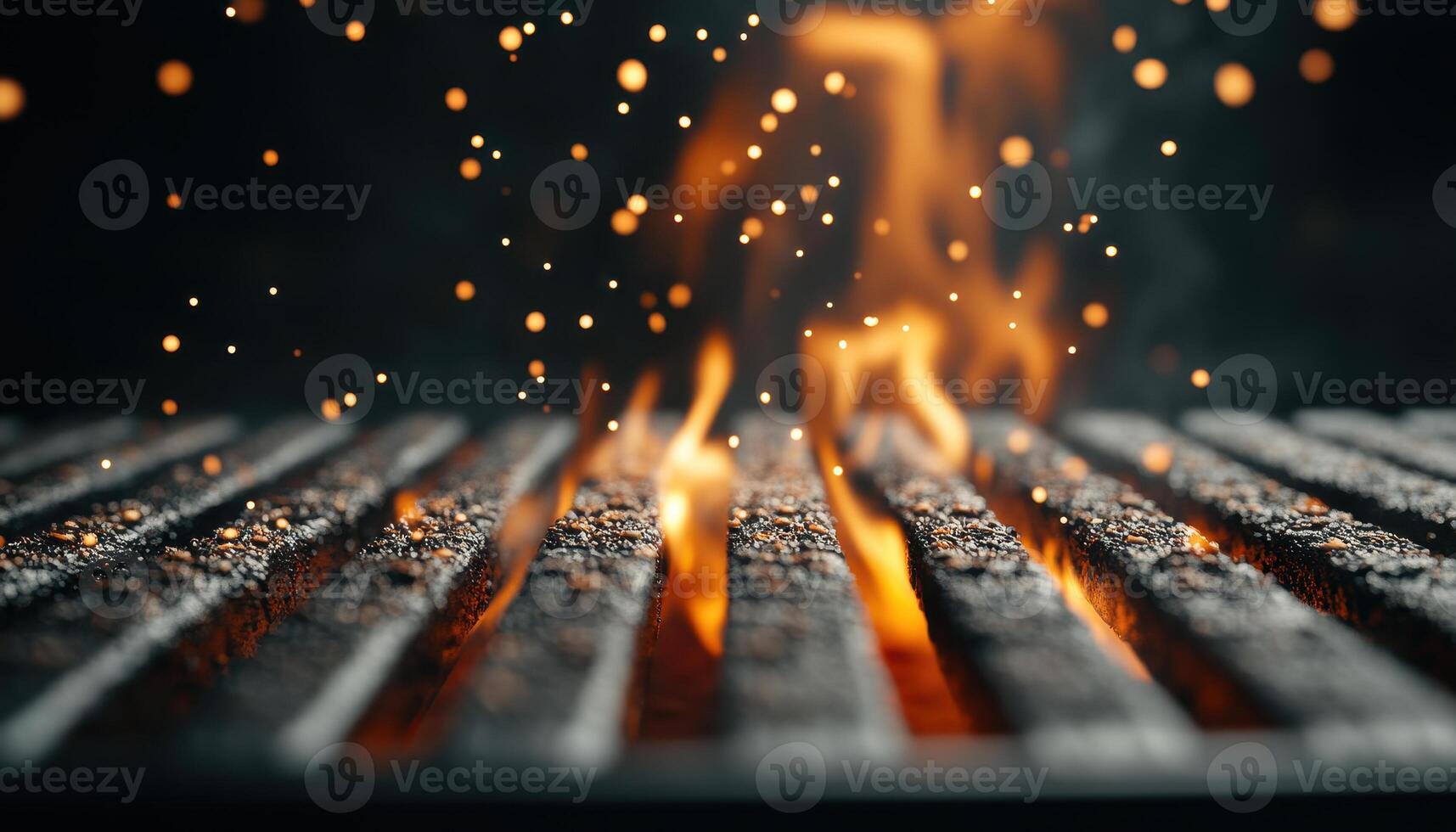 dramatic shot of hot grill with vibrant orange flames and glowing embers, creating intense atmosphere. sparks dance in air, enhancing fiery scene photo