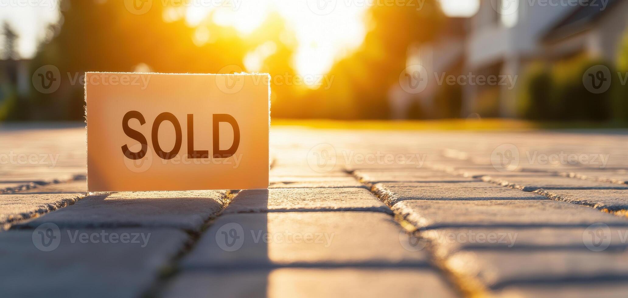 creative angle showing SOLD sign casting shadow on paved surface during sunset, symbolizing successful sale and new beginnings photo