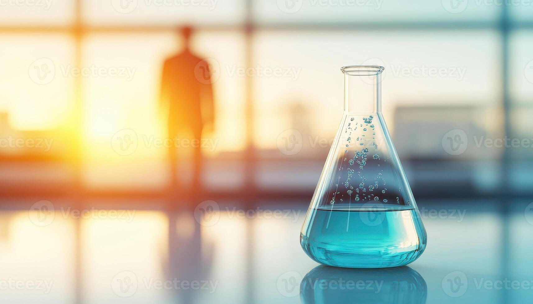 glass flask with bubbling blue liquid sits on laboratory table, illuminated by warm sunlight. silhouette of person is visible in background, creating sense of curiosity and discovery photo