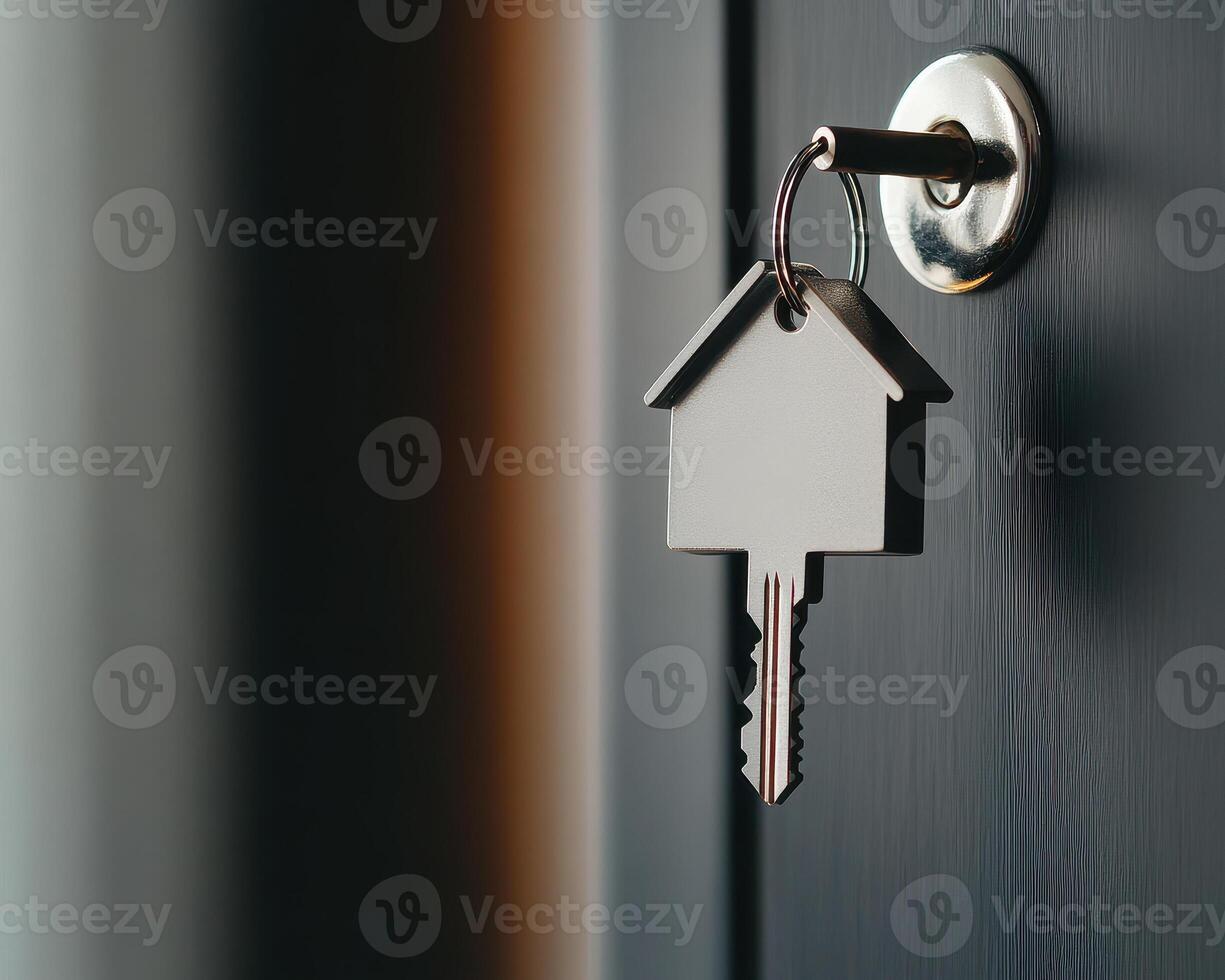 metallic house shaped keyring hanging from key in door lock, symbolizing home and security. soft lighting adds warm and inviting atmosphere photo