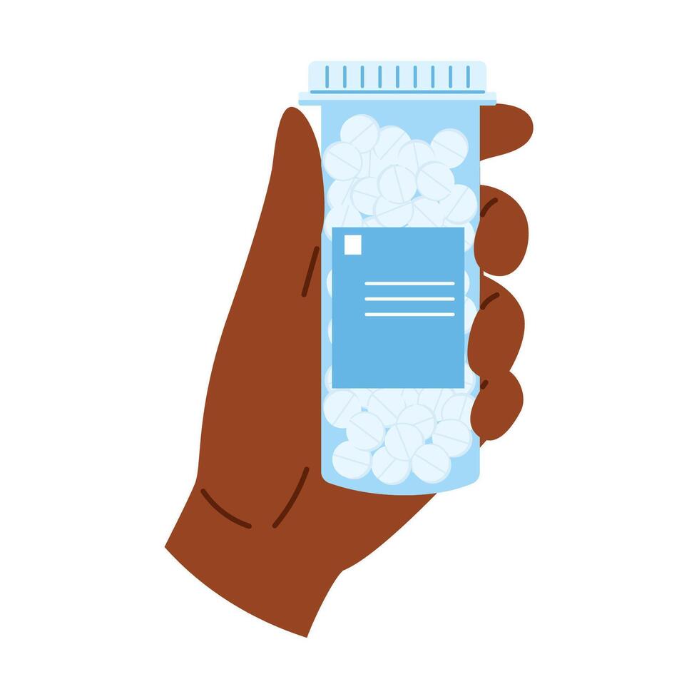 African american hand holding bottle with medicine. Container with pills vector