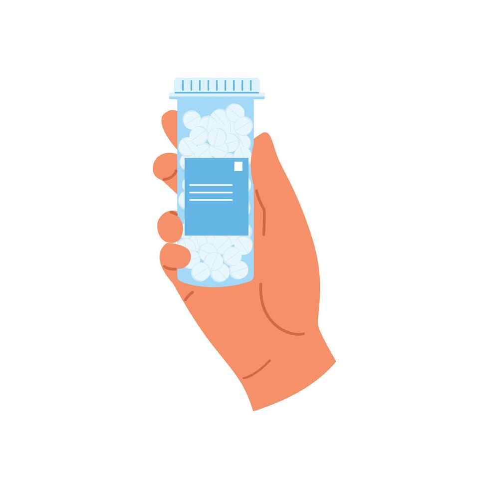 Hand holding medicine bottle with pills. Container with vitamins vector