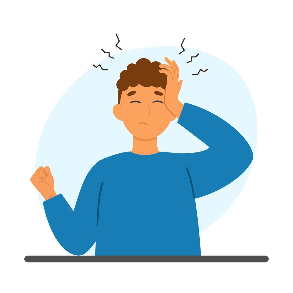 Illustration of a man with a headache, holding his head. Concept for symptoms of migraine or stress. medical design. vector