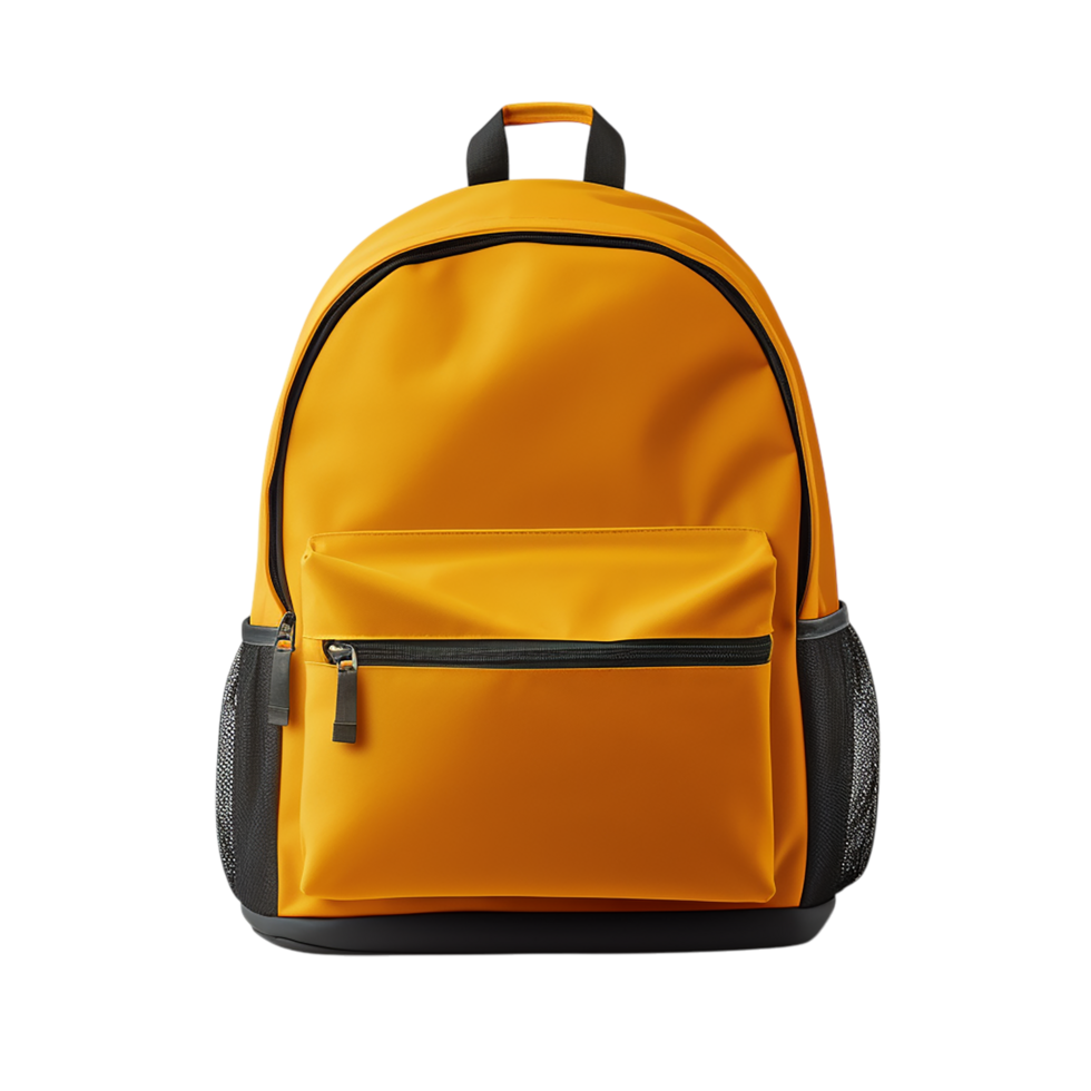 Bright yellow backpack with black zippers and pockets displayed on a clear surface png