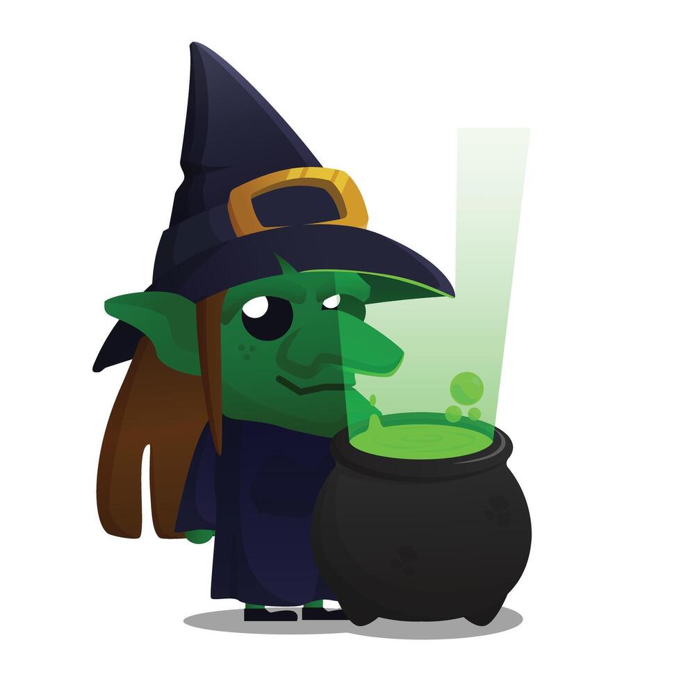 Witch Chibi character wearing Hat making magic potion in cartoon style flat illustration perfect for Halloween design asset item vector