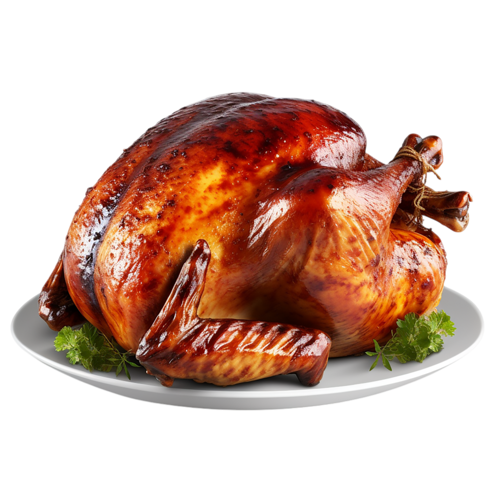 Golden roasted turkey on a white plate garnished with greens for a festive dinner png