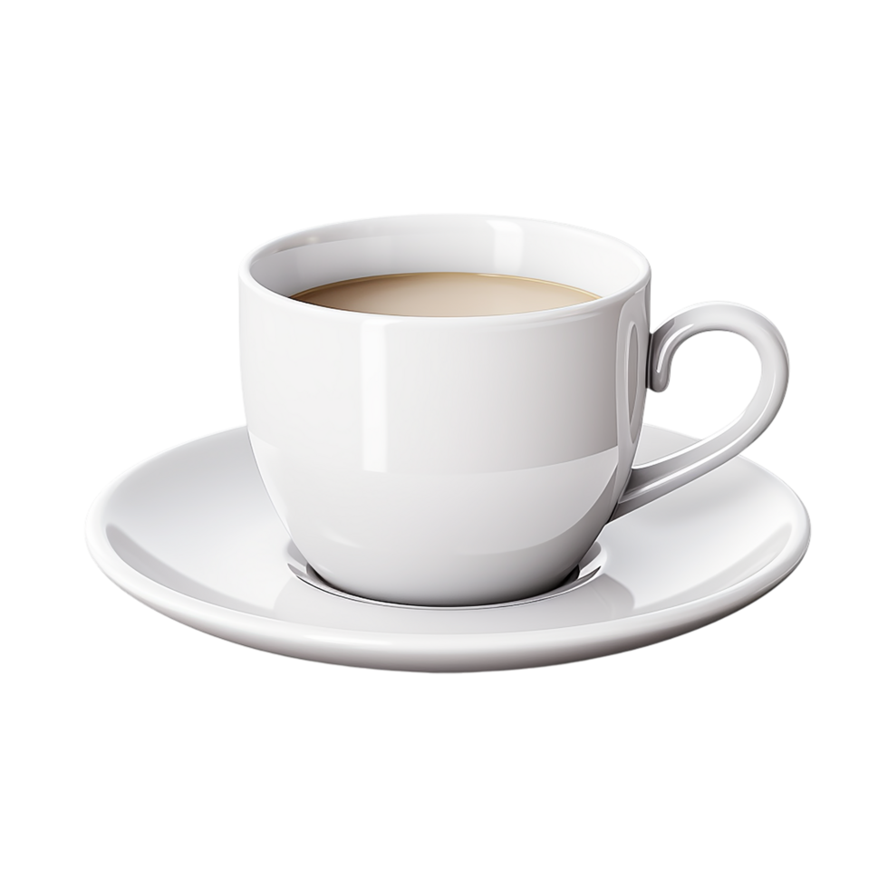 Classic white ceramic cup filled with coffee or tea placed elegantly on a matching saucer png