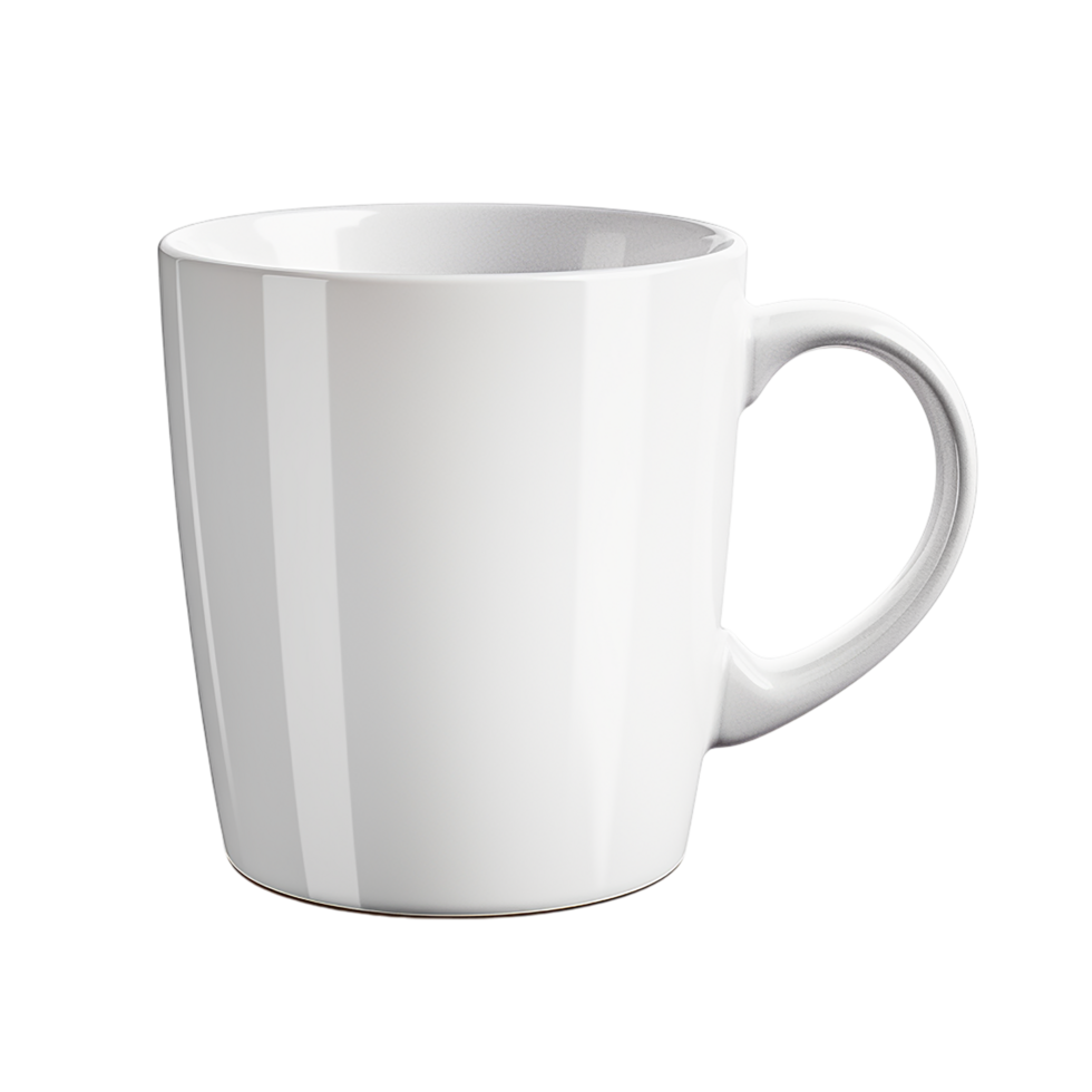 Plain white ceramic coffee mug with smooth finish and a curved handle png