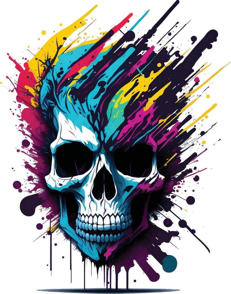 Colorful skull with paint splatters on white background vector