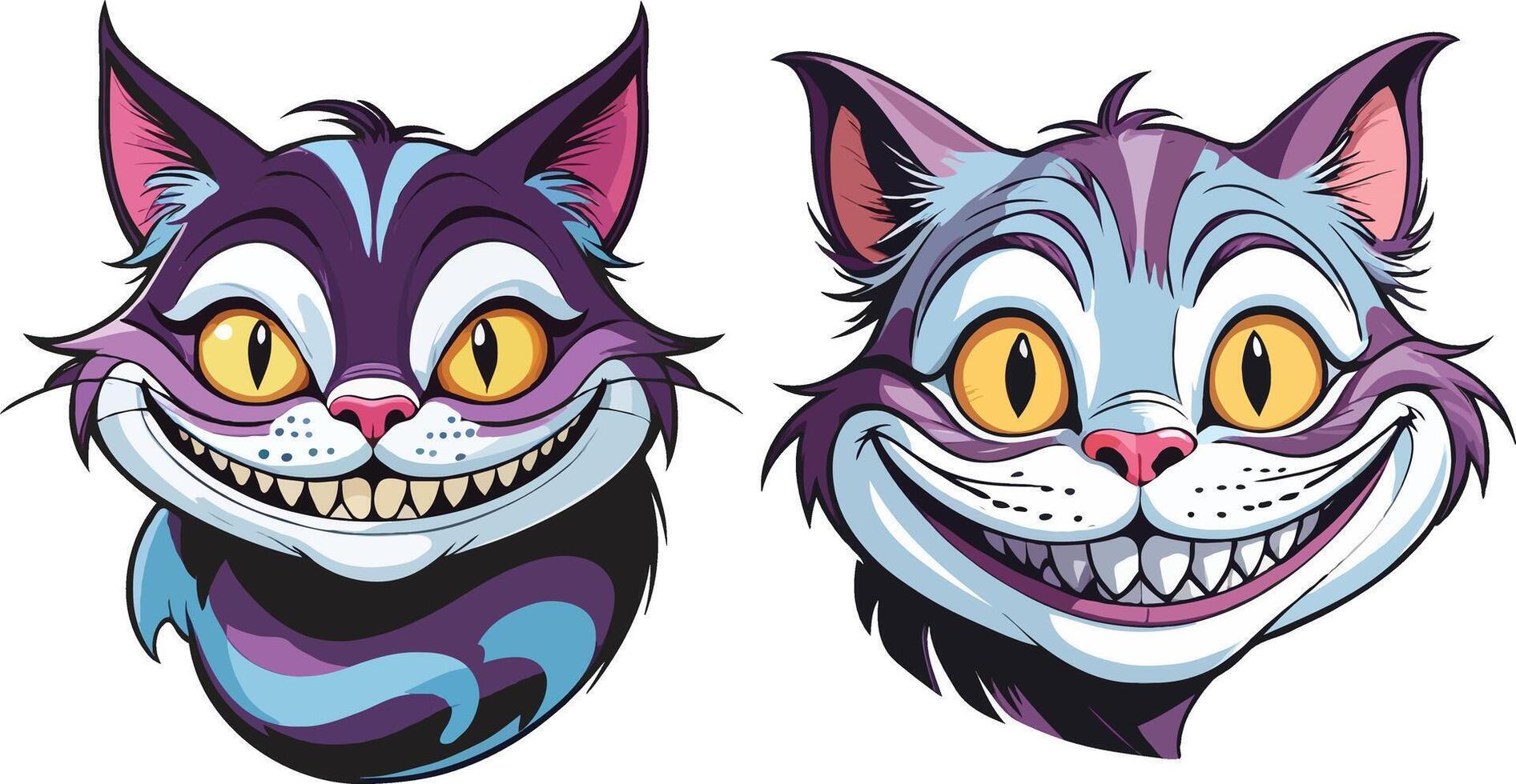 Two cartoon cat heads with big eyes and yellow eyes vector