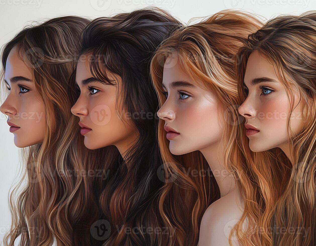 Models long colorful hair in creative styles featuring unique cuts that celebrate diverse ethnic backgrounds and age ranges isolated on white background photo
