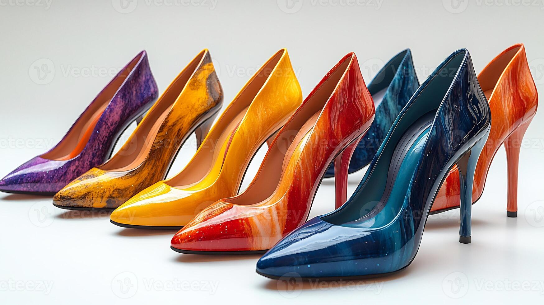 High heels fresh designs available in bold patterns and colors featuring varied inch heights for a modern and artistic outfit isolated on white background photo