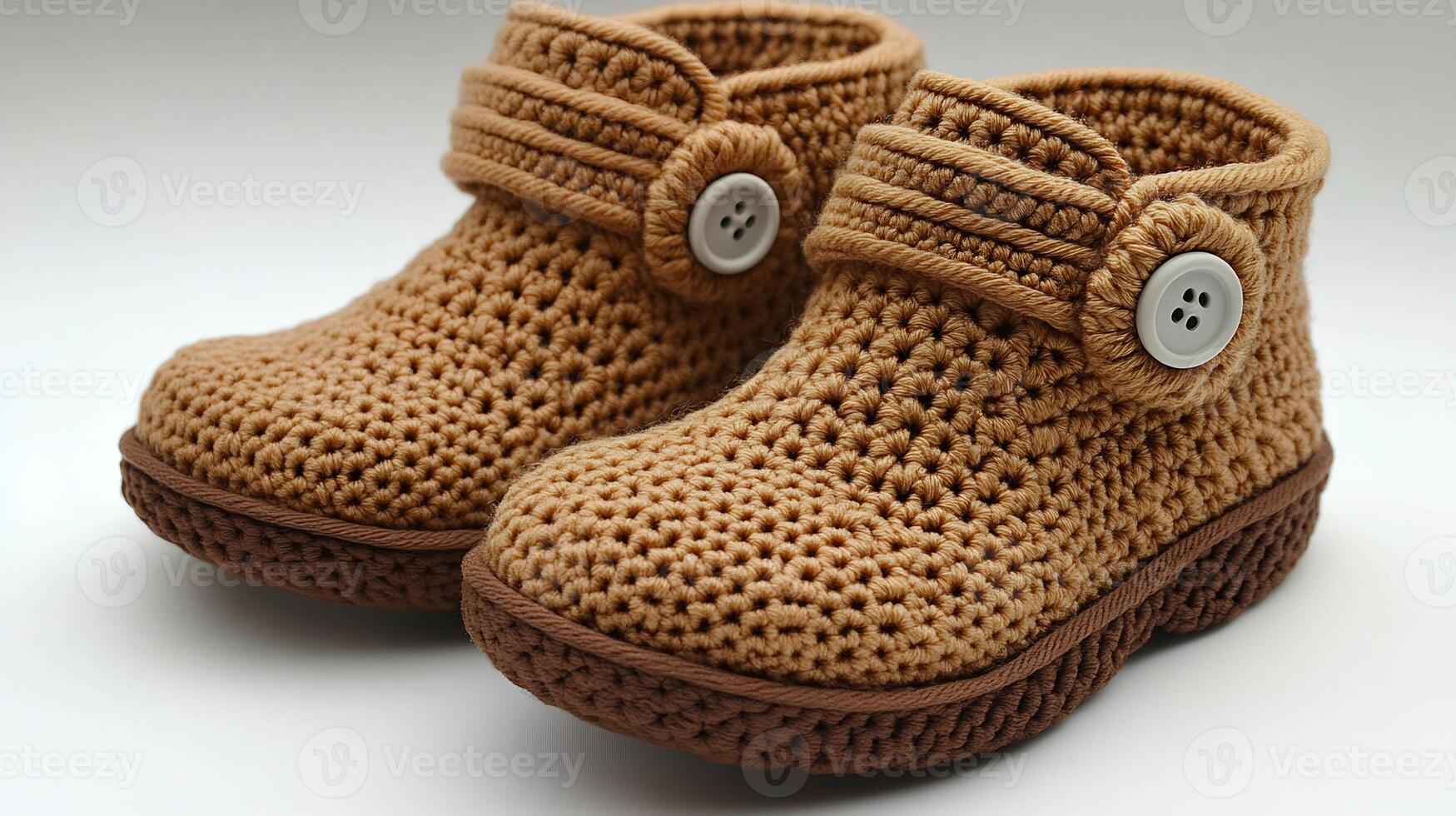 Handcrocheted baby shoes a secure button closure made from organic cotton yarn for a soft and ecofriendly choice isolated on a white background photo