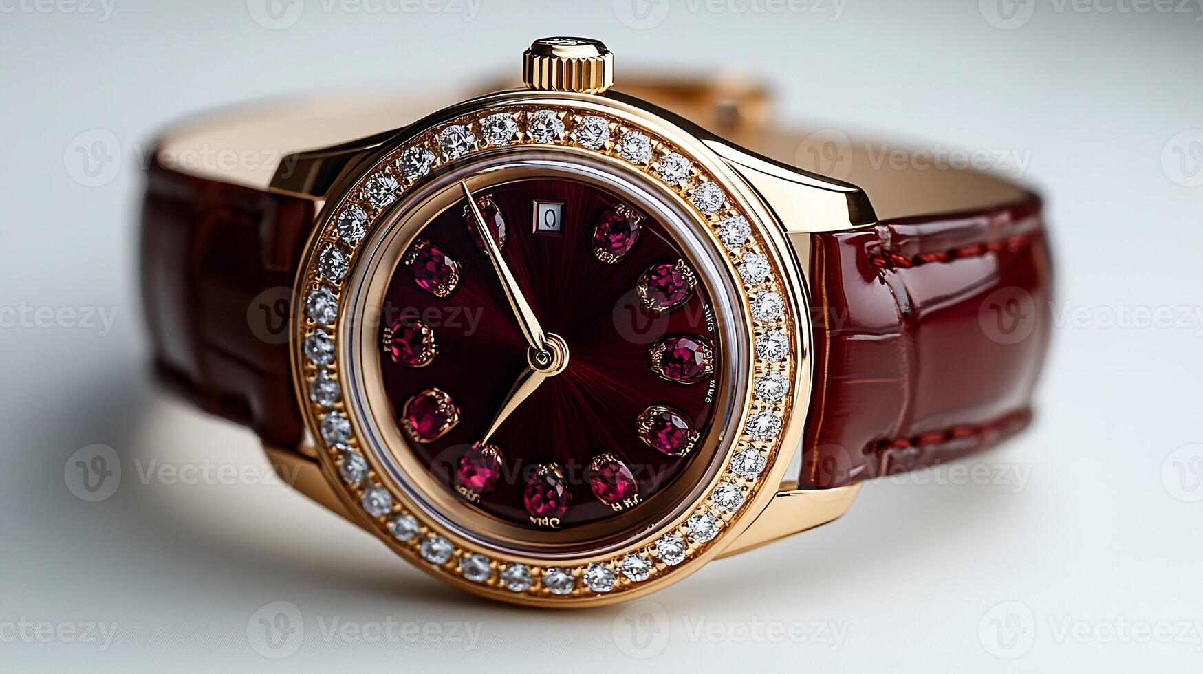Elegant ladies watch ruby accents surrounding the dial and a sleek gold strap blending timeless fashion with luxury isolated on white background photo