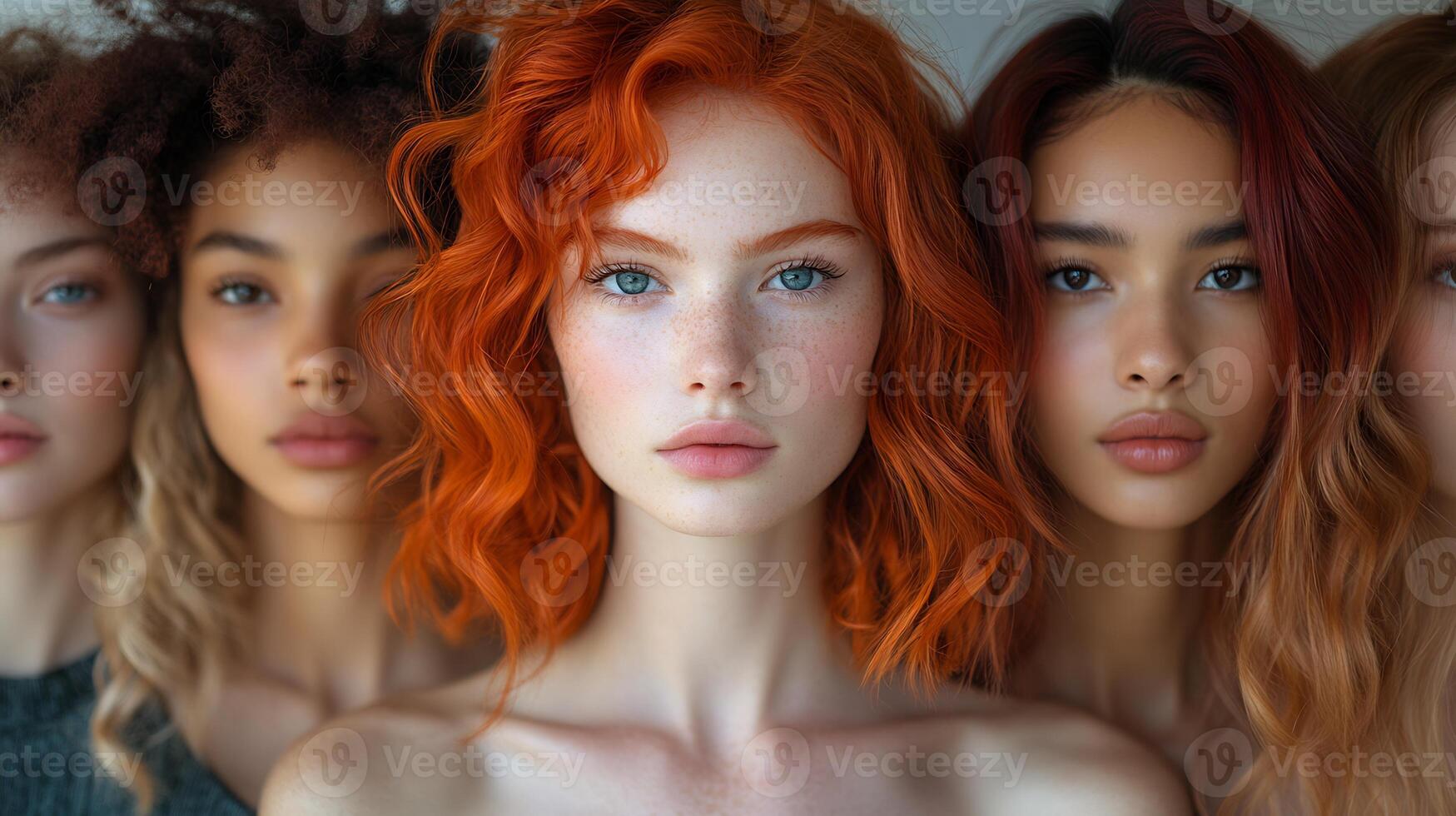 Fashionable models short to long hair dyed in vibrant hues and styled in unique cuts representing diverse ethnicities and age ranges isolated on white background photo