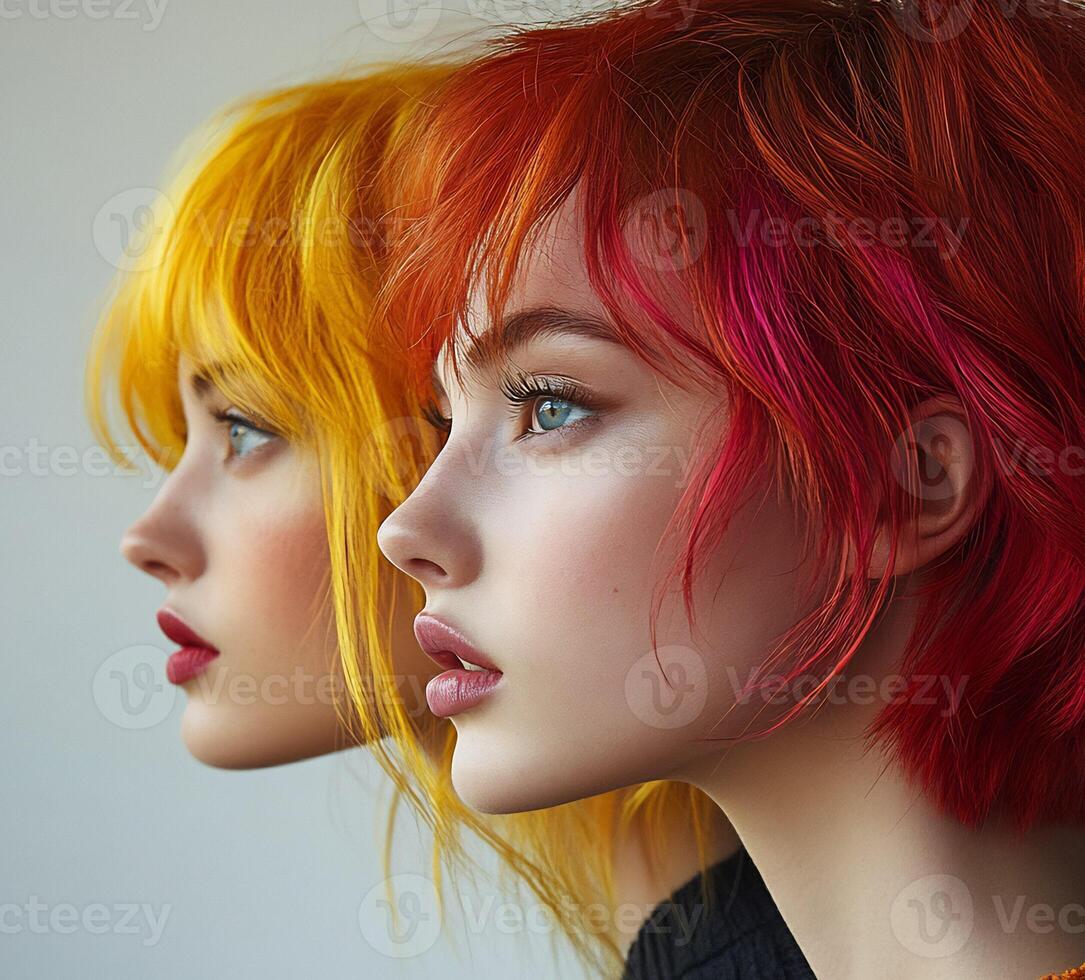 Shorthaired model striking dye colors in edgy styles featuring creative cuts that celebrate diverse ethnic and age representation isolated on white background photo