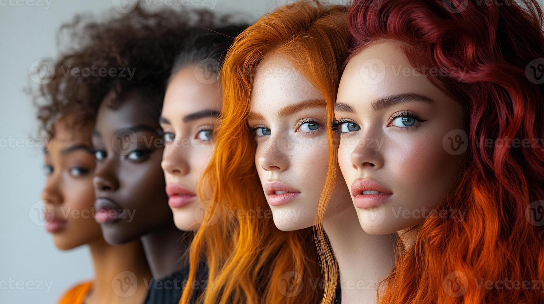 Fashionable models featuring mix of hair lengths and vibrant styles highlighting unique cuts and colors from various cultural backgrounds isolated on white background photo