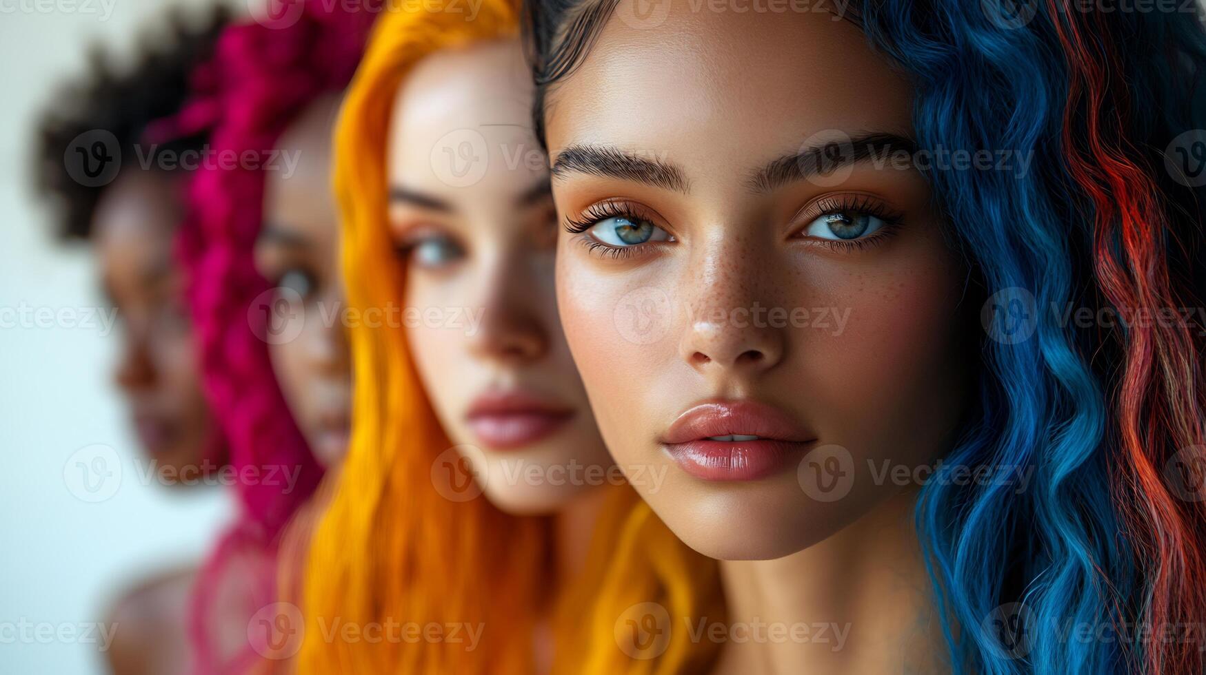 Trendy models long hair styled in vibrant dyes showcasing artistic haircuts and creative designs reflecting diverse cultures and age groups isolated on white background photo