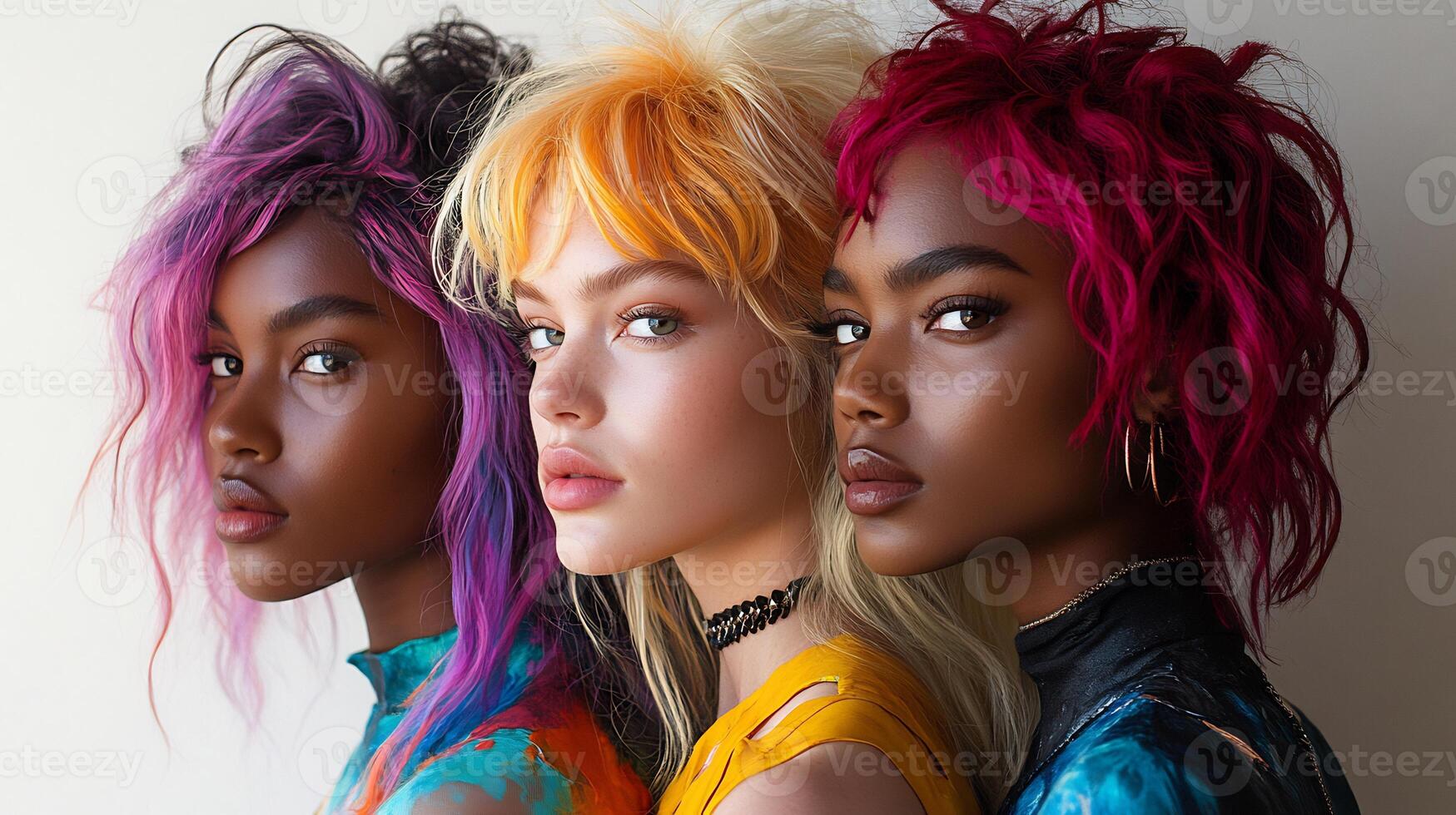 Mediumlength hair model innovative dye patterns showcasing bold cuts and dynamic styles that reflect a variety of cultures isolated on white background photo