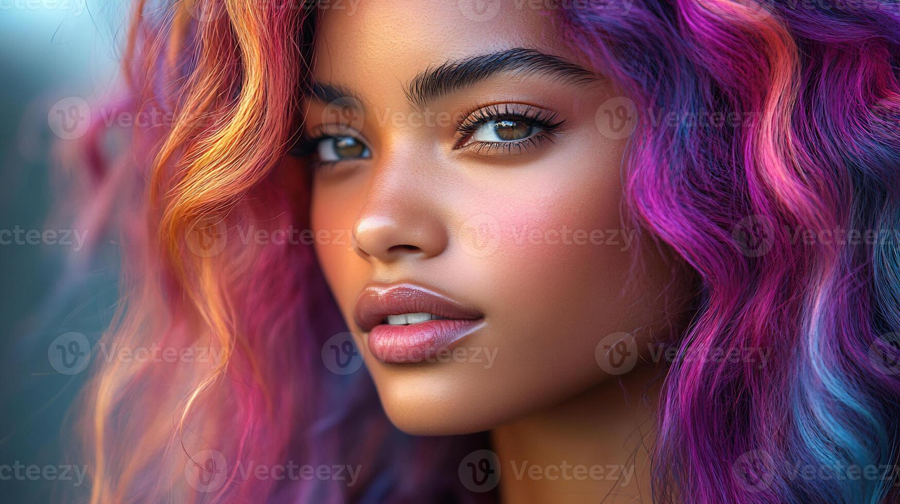 Model vibrant long hair styled in soft waves showcasing colorful dye patterns and versatile cuts for diverse style options isolated on white background photo