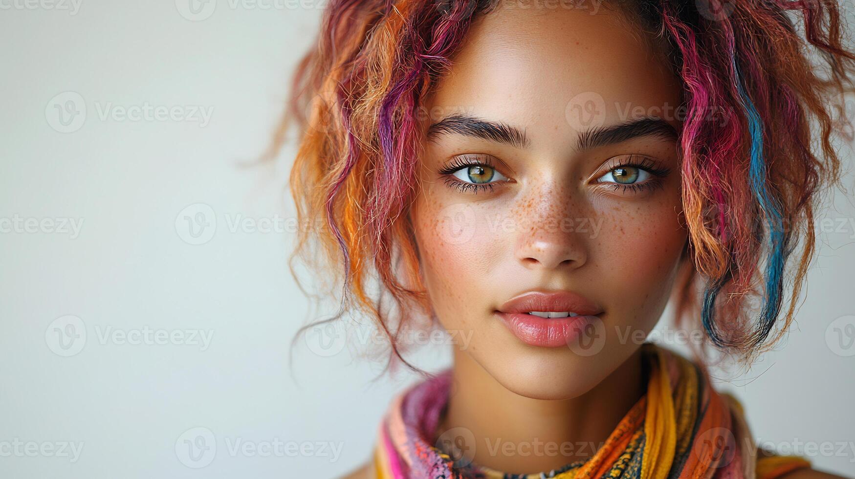 Shorthaired model brightly dyed hues highlighting edgy haircuts and innovative styles representing diverse ethnic and age groups isolated on white background photo