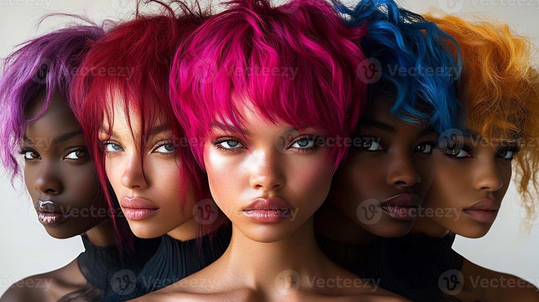Shorthaired model vibrant color gradients showcasing sharp cuts and diverse styles representing various races and age groups isolated on white background photo