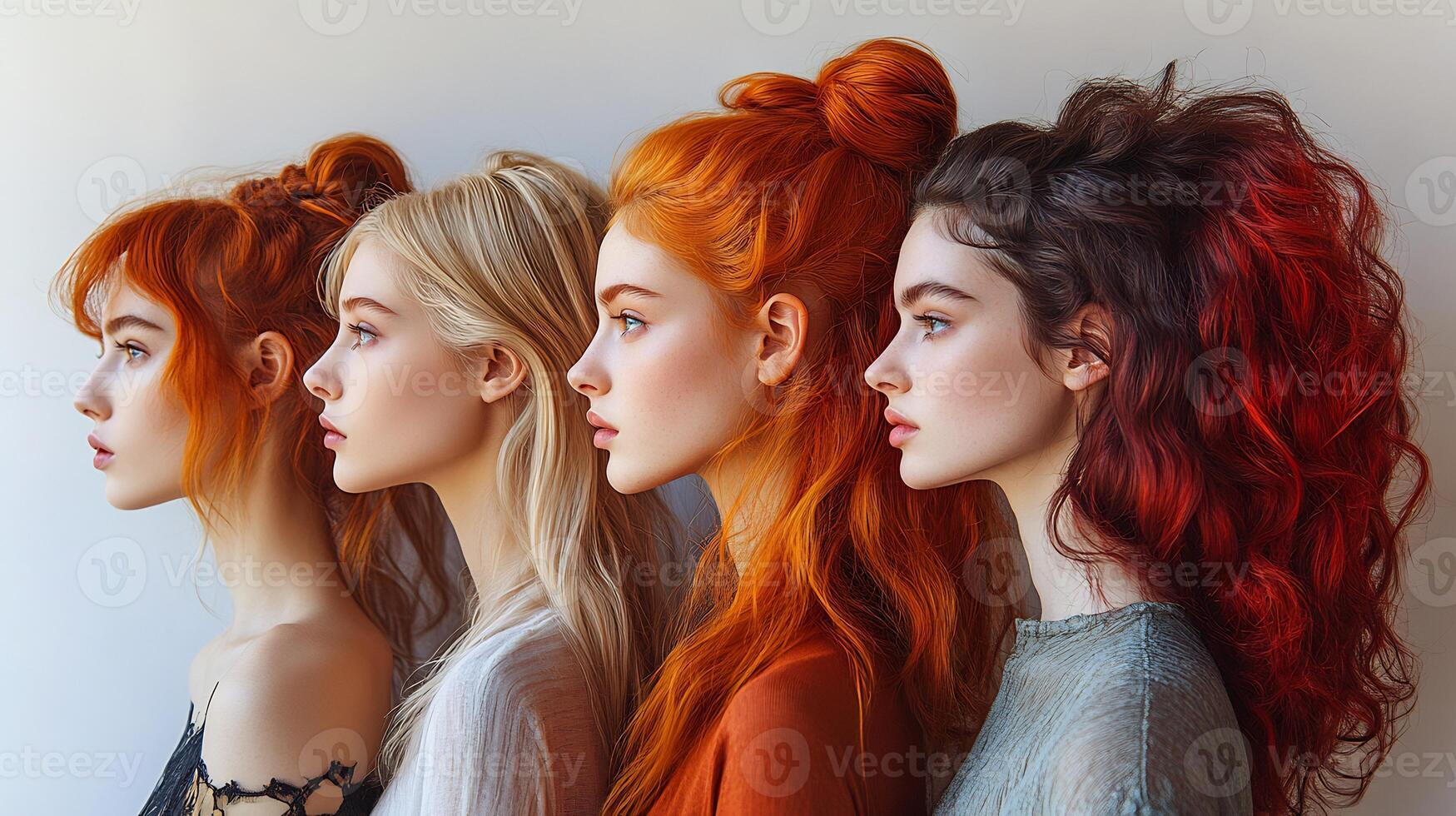 Diverse models asymmetrical hairstyles in eclectic colors representing bold fashion choices across all age ranges isolated on white background photo