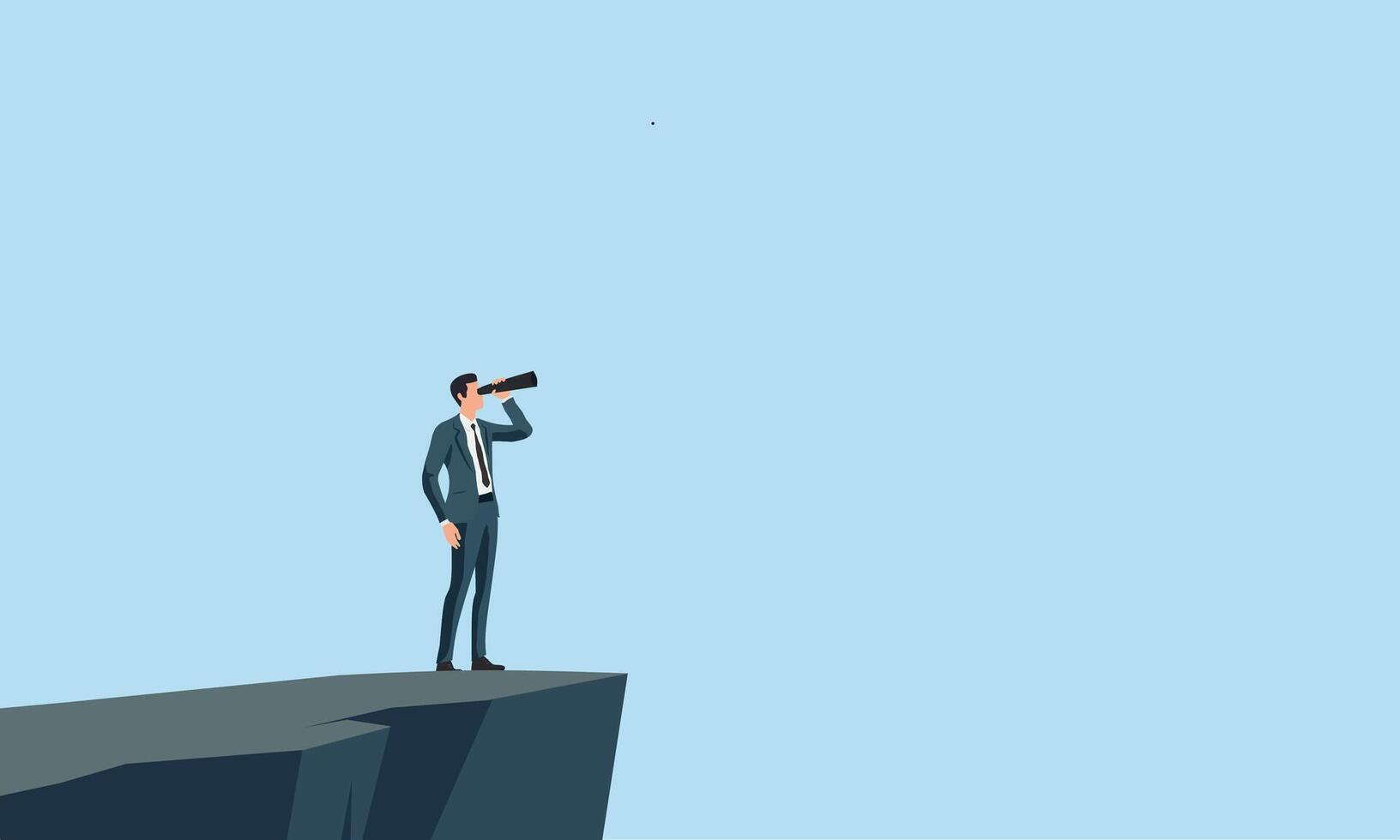 Businessman standing on a cliff using a telescope, symbolizing vision, leadership, opportunity, and future planning. Ideal for corporate, success, and goal-oriented themes vector