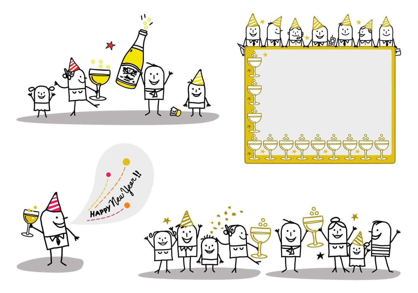 Cartoon stick characters celebrating New Year's Eve vector