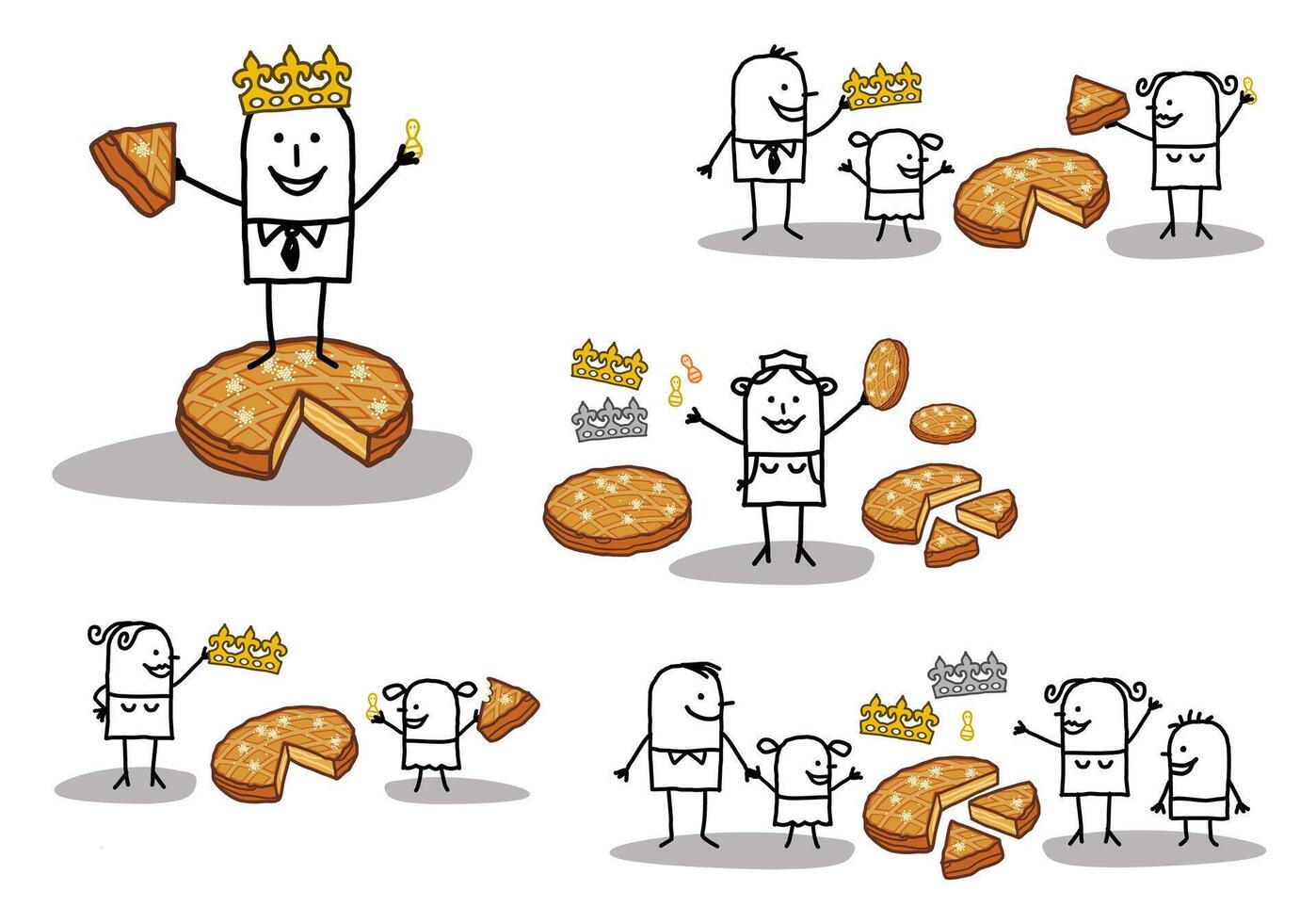 Set of five illustrations - Hand drawn cartoon stick characters celebrating the Three Kings day with Epiphany cakes, crowns and beans - vector