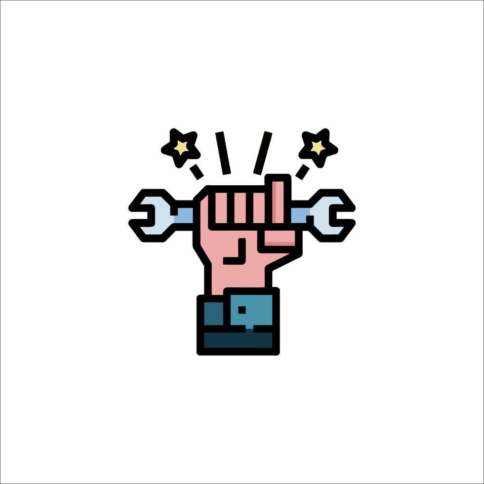 A hand holding a wrench icon in a flat style vector