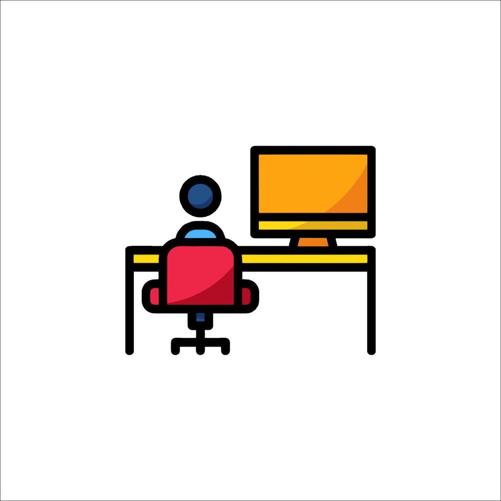 A person sitting at a desk with a computer monitor vector