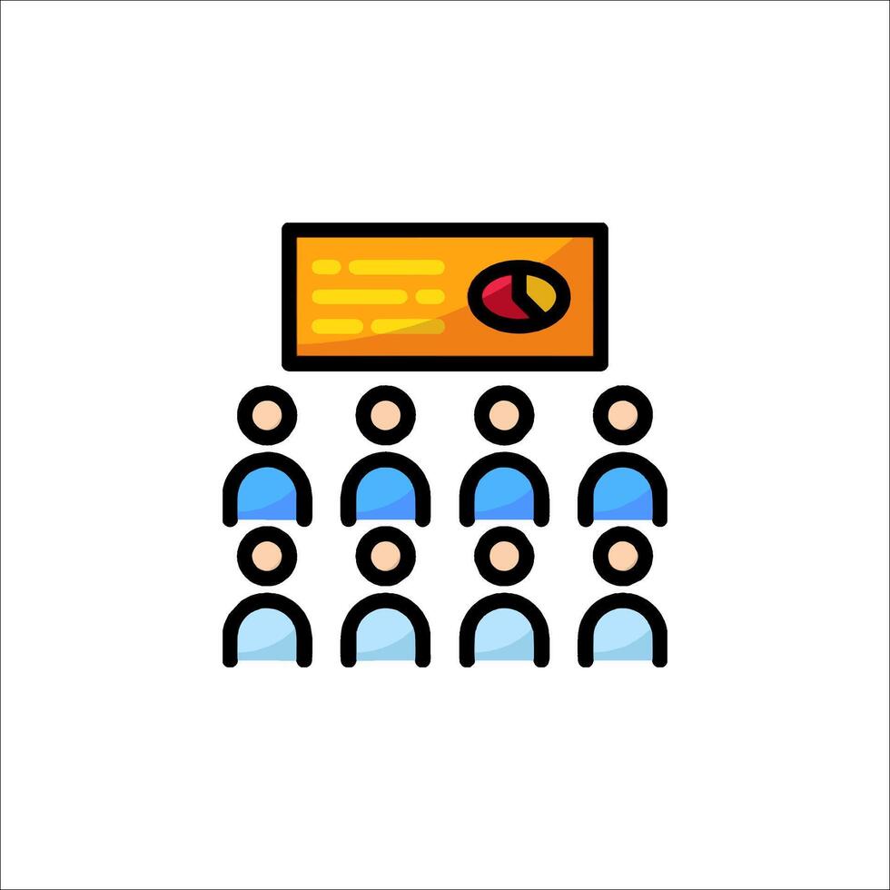 A group of people in front of a screen with a red arrow vector