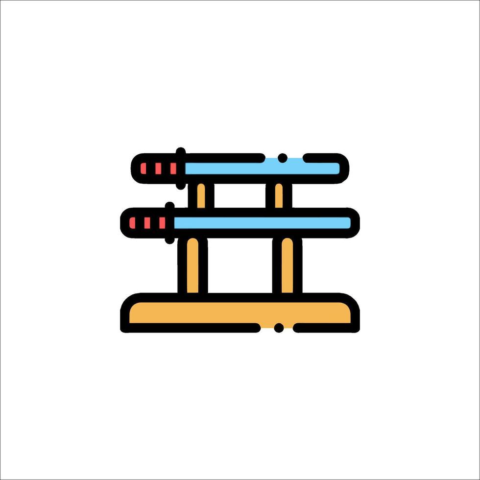 Two swords on a wooden stand icon vector