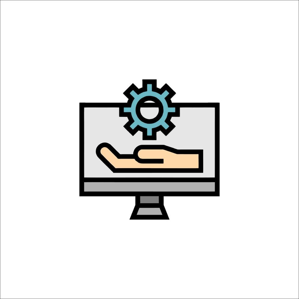 A computer screen with a hand holding a gear vector