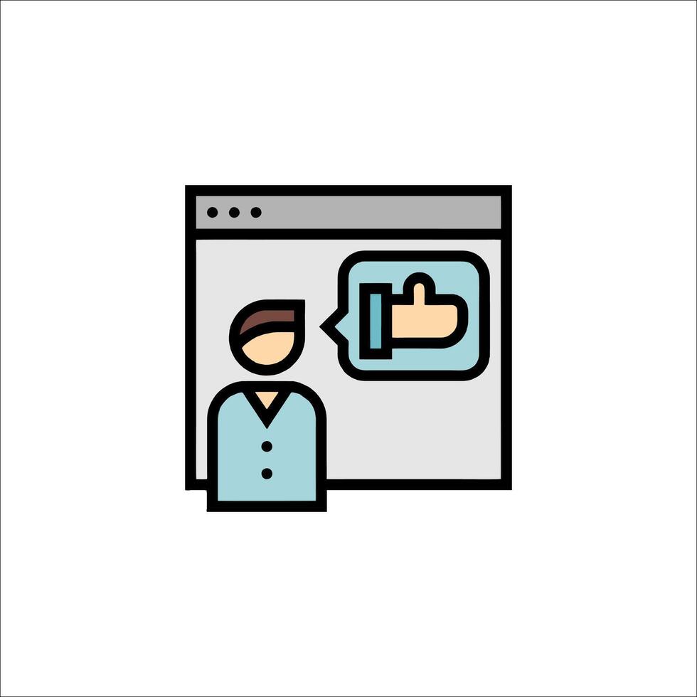 A man is talking to a computer screen with a thumbs up icon vector