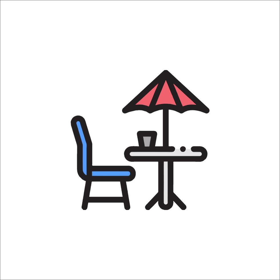 A chair and table with an umbrella on top vector