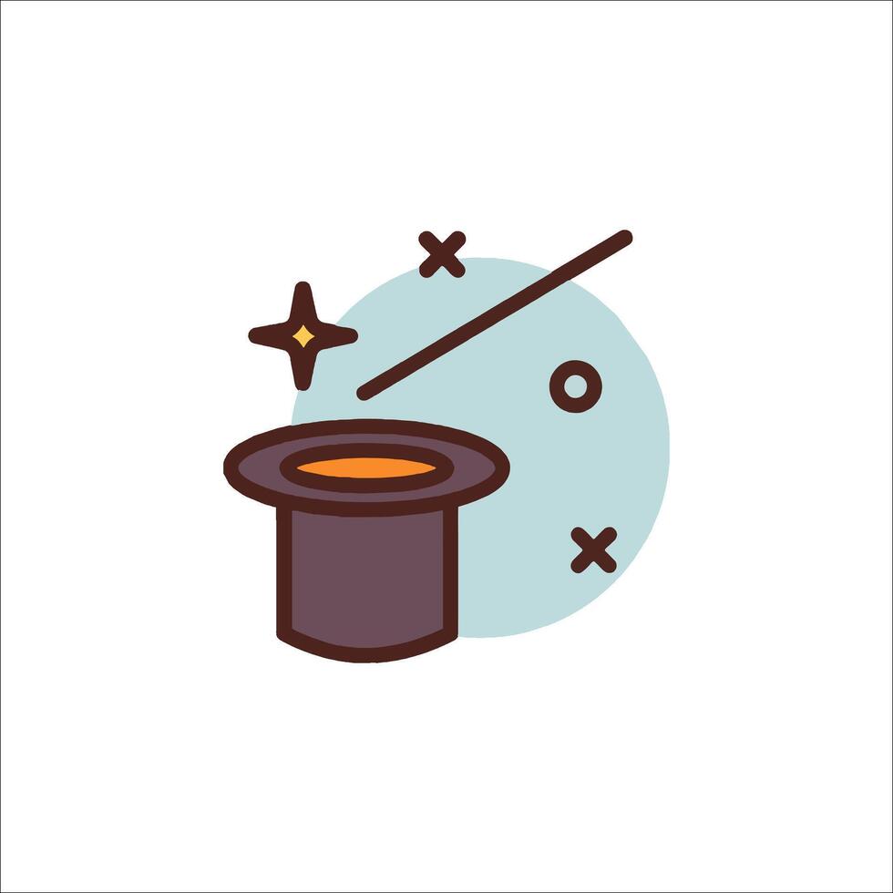 Magician hat icon with a magic wand and a hat vector