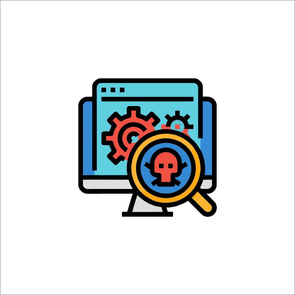 A computer screen with a magnifying glass and a skull vector
