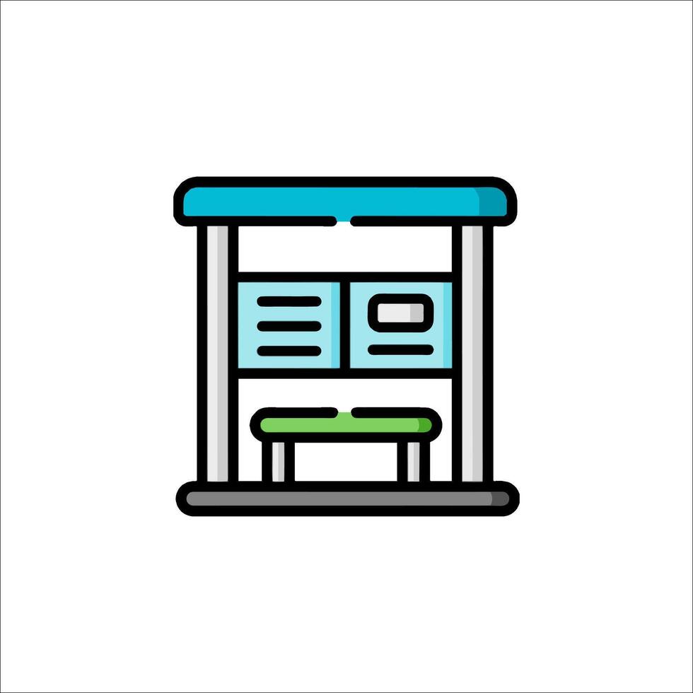 A blue and green sign with a bench inside vector