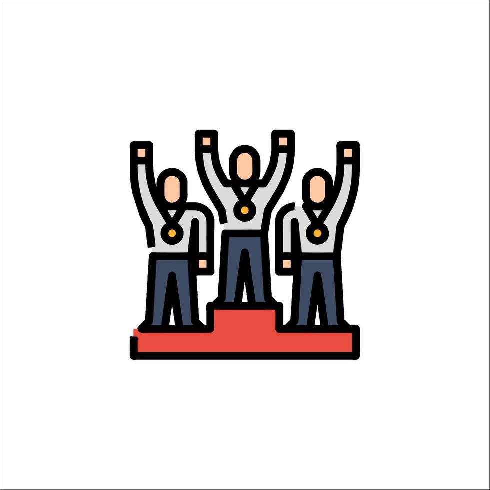 Three people on a podium with their hands up vector