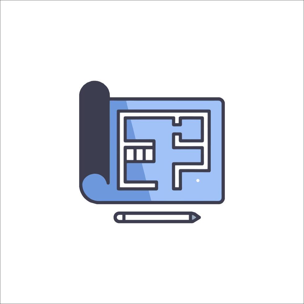 A blue and white icon of a building plan vector