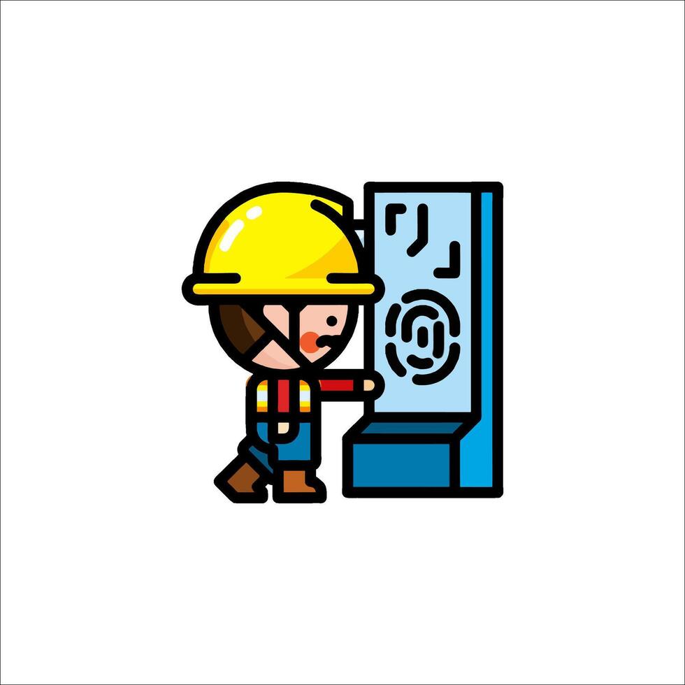 A cartoon worker is standing next to a computer vector