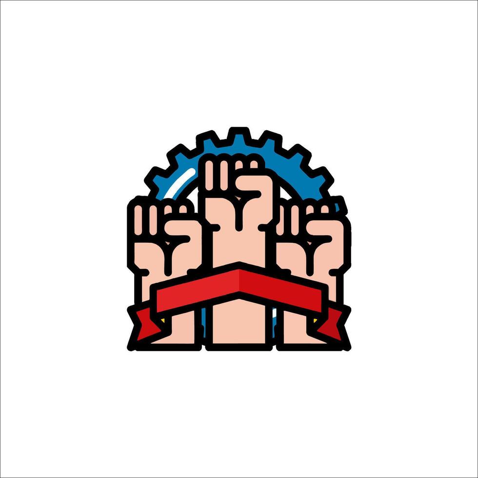 A logo with two hands holding up a red and blue banner vector