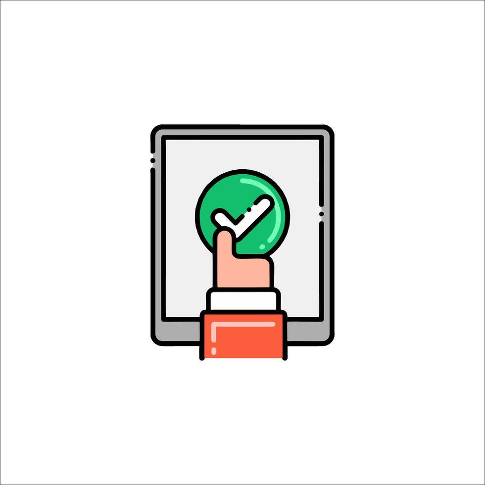 A hand holding a tablet with a check mark on it vector